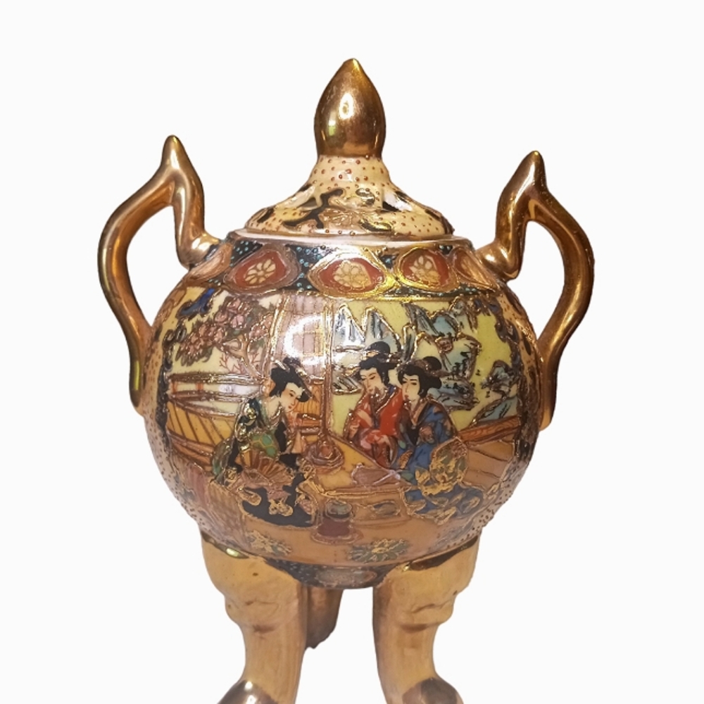 Antique Chinese Tripod Incense Burner Hand Painted Porcelain Gold Gilded Vase